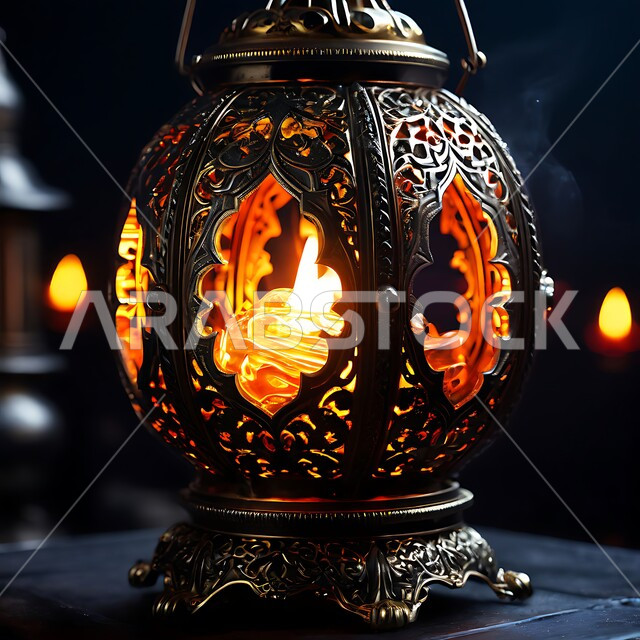 البهجة بقدوم رمضان المبارك, زينة و ديكورات و أنوار الاحتفالات بالمناسبات و الأعياد الدينية الإسلامية, فانوس معدني مزخرف مضيء, أضواء و مصابيح عربية تقليدية, الأجواء الروحانية في الأيام الفضيلة, الاستعداد لاستقبال الشهر الفضيل