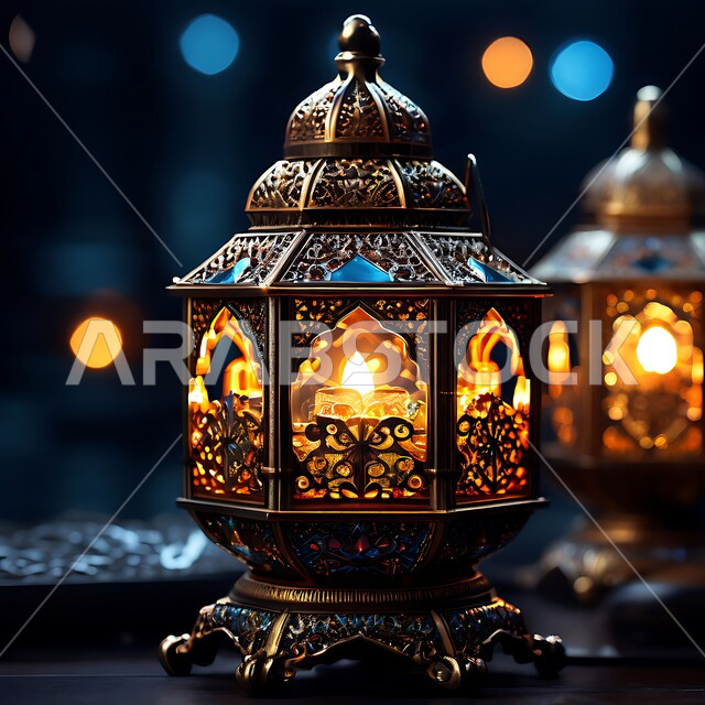 البهجة بقدوم رمضان المبارك, زينة و ديكورات و أنوار الاحتفالات بالمناسبات و الأعياد الدينية الإسلامية, فانوس معدني مزخرف مضيء, أضواء و مصابيح عربية تقليدية, الأجواء الروحانية في الأيام الفضيلة, الاستعداد لاستقبال الشهر الفضيل