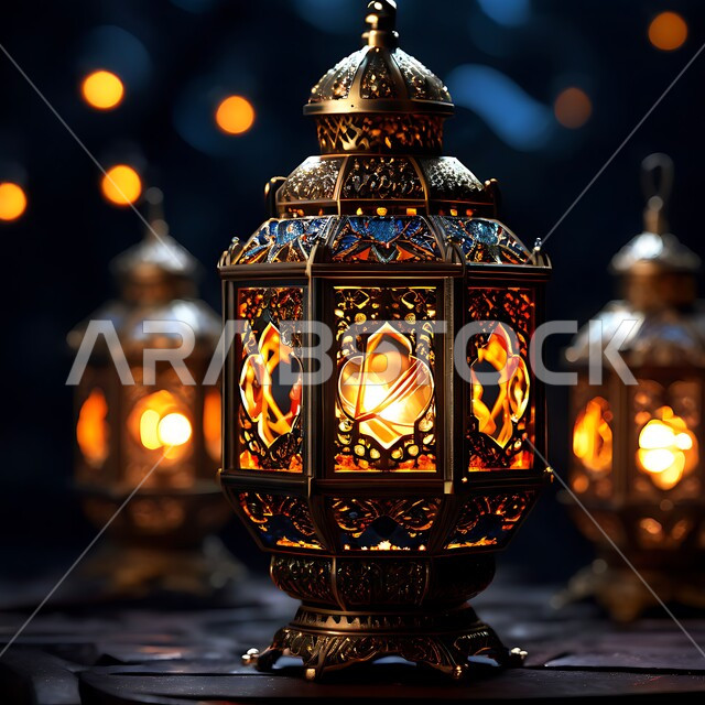 البهجة بقدوم رمضان المبارك, زينة و ديكورات و أنوار الاحتفالات بالمناسبات و الأعياد الدينية الإسلامية, فانوس معدني مزخرف مضيء, أضواء و مصابيح عربية تقليدية, الأجواء الروحانية في الأيام الفضيلة, الاستعداد لاستقبال الشهر الفضيل