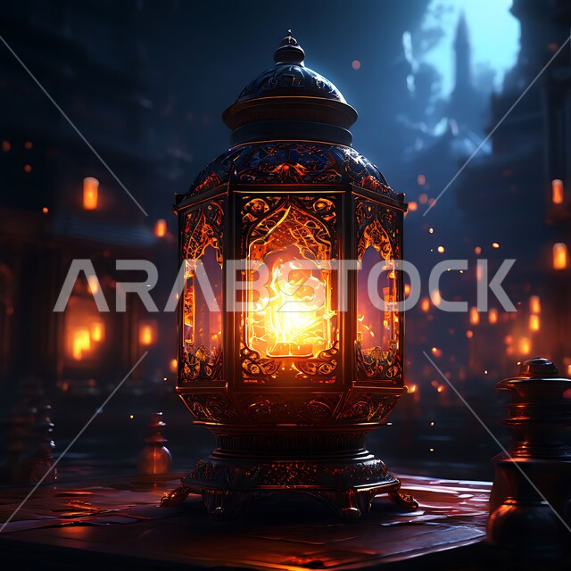 البهجة بقدوم رمضان المبارك, زينة و ديكورات و أنوار الاحتفالات بالمناسبات و الأعياد الدينية الإسلامية, فانوس معدني مزخرف مضيء, أضواء و مصابيح عربية تقليدية, الأجواء الروحانية في الأيام الفضيلة, الاستعداد لاستقبال الشهر الفضيل