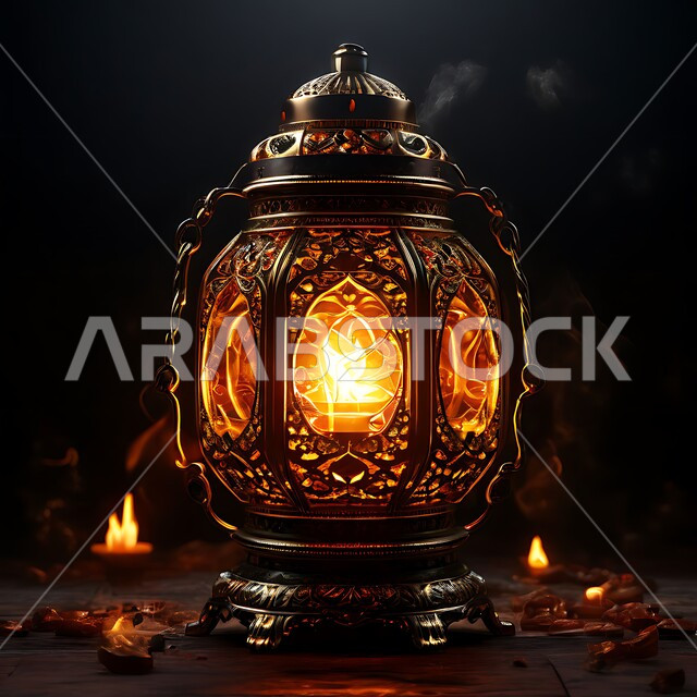 مصابيح و أضواء عربية تقليدية, زينة و ديكورات و أنوار الاحتفالات بالمناسبات و الأعياد الدينية الإسلامية, فانوس معدني مزخرف مضيء, البهجة بقدوم رمضان المبارك, الأجواء الروحانية في الأيام الفضيلة, الاستعداد لاستقبال الشهر الفضيل