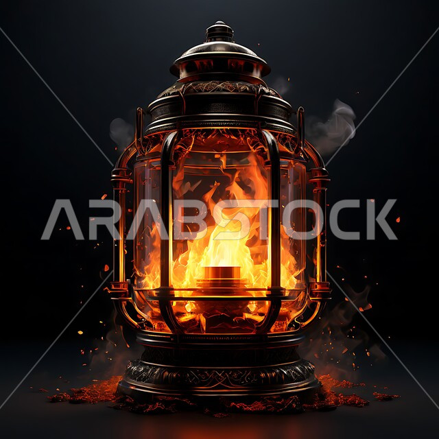 Traditional Arab lamps and lights, decorations, decorations, and lights for celebrations of Islamic religious occasions and holidays, a decorative, illuminated metal lantern, the joy of the advent of the blessed Ramadan, the spiritual atmosphere in the holy days, preparing to welcome the holy month