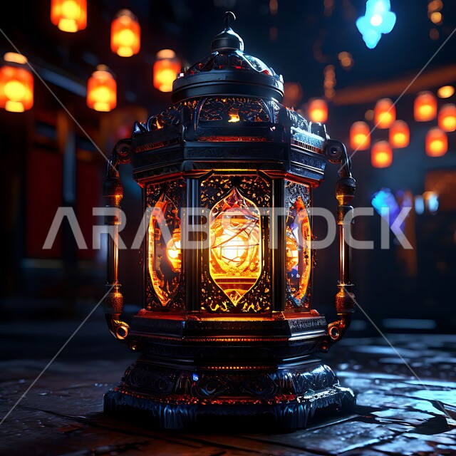 ديكورات و زينة و أنوار الاحتفالات بالمناسبات و الأعياد الدينية الإسلامية, فانوس معدني مزخرف مضيء, البهجة بقدوم رمضان المبارك, أضواء و مصابيح عربية تقليدية, الأجواء الروحانية في الأيام الفضيلة, الاستعداد لاستقبال الشهر الفضيل