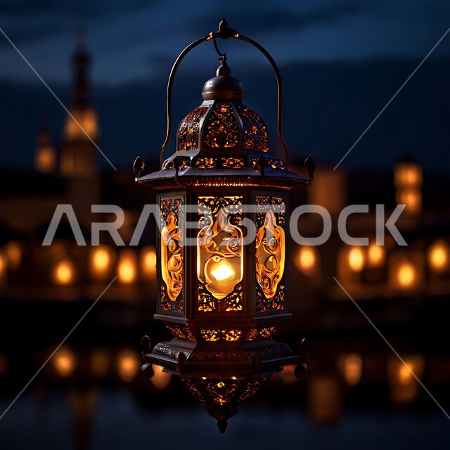 أنوار و زينة و ديكورات الاحتفالات بالمناسبات و الأعياد الدينية الإسلامية, الاستعداد لاستقبال الشهر الفضيل ,فانوس معدني مزخرف مضيء معلق, البهجة بقدوم رمضان المبارك, أضواء و مصابيح عربية تقليدية, الأجواء الروحانية في الأيام الفضيلة