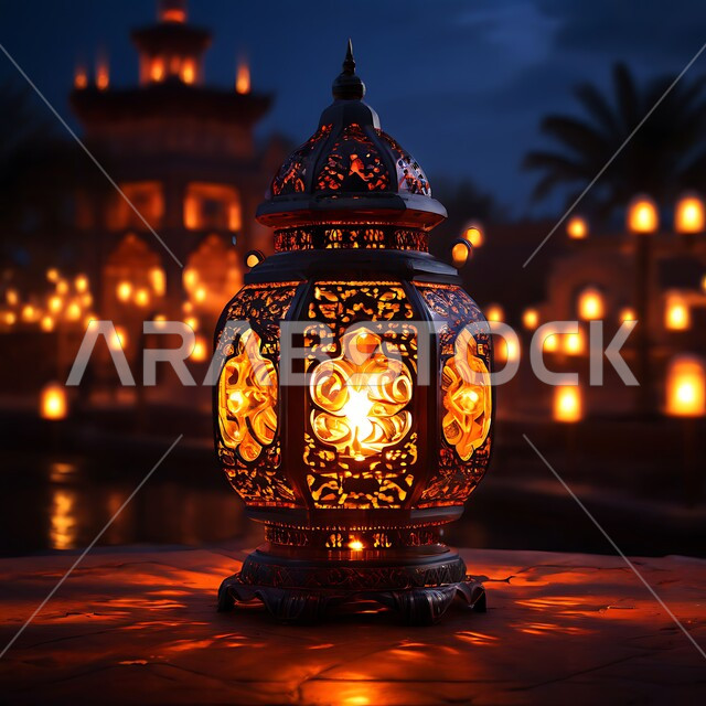 أنوار و زينة و ديكورات الاحتفالات بالمناسبات و الأعياد الدينية الإسلامية, الاستعداد لاستقبال الشهر الفضيل ,فانوس معدني مزخرف مضيء, البهجة بقدوم رمضان المبارك, أضواء و مصابيح عربية تقليدية, الأجواء الروحانية في الأيام الفضيلة