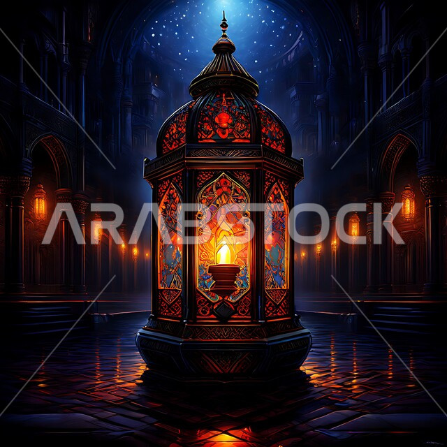 أنوار و زينة و ديكورات الاحتفالات بالمناسبات و الأعياد الدينية الإسلامية, الاستعداد لاستقبال الشهر الفضيل ,فانوس معدني مزخرف مضيء, البهجة بقدوم رمضان المبارك, أضواء و مصابيح عربية تقليدية, الأجواء الروحانية في الأيام الفضيلة