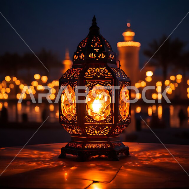 الاستعداد لاستقبال الشهر الفضيل ,زينة و ديكورات و أنوار الاحتفالات بالمناسبات و الأعياد الدينية الإسلامية, فانوس معدني مزخرف مضيء, البهجة بقدوم رمضان المبارك, أضواء و مصابيح عربية تقليدية, الأجواء الروحانية في الأيام الفضيلة