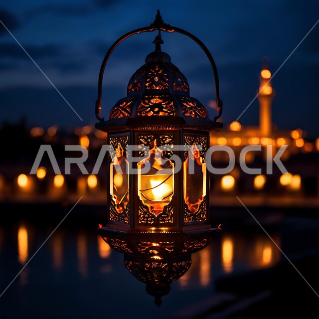 مصابيح و أنوار عربية تقليدية, زينة و ديكورات الاحتفالات بالمناسبات و الأعياد الدينية الإسلامية, الاستعداد لاستقبال الشهر الفضيل ,فانوس معدني مزخرف مضيء معلق, البهجة بقدوم رمضان المبارك, الأجواء الروحانية في الأيام الفضيلة