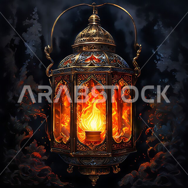 مصابيح و أنوار عربية تقليدية, زينة و ديكورات الاحتفالات بالمناسبات و الأعياد الدينية الإسلامية, الاستعداد لاستقبال الشهر الفضيل ,فانوس معدني مزخرف مضيء معلق, البهجة بقدوم رمضان المبارك, الأجواء الروحانية في الأيام الفضيلة