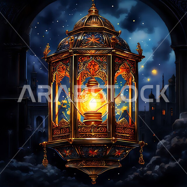 مصابيح و أنوار عربية تقليدية, زينة و ديكورات الاحتفالات بالمناسبات و الأعياد الدينية الإسلامية, الاستعداد لاستقبال الشهر الفضيل ,فانوس معدني مزخرف مضيء معلق, البهجة بقدوم رمضان المبارك, الأجواء الروحانية في الأيام الفضيلة