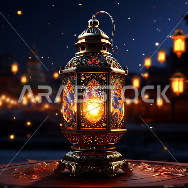 أنوار و زينة و ديكورات الاحتفالات بالمناسبات و الأعياد الدينية الإسلامية, الاستعداد لاستقبال الشهر الفضيل ,فانوس معدني مزخرف مضيء, البهجة بقدوم رمضان المبارك, أضواء و مصابيح عربية تقليدية, الأجواء الروحانية في الأيام الفضيلة