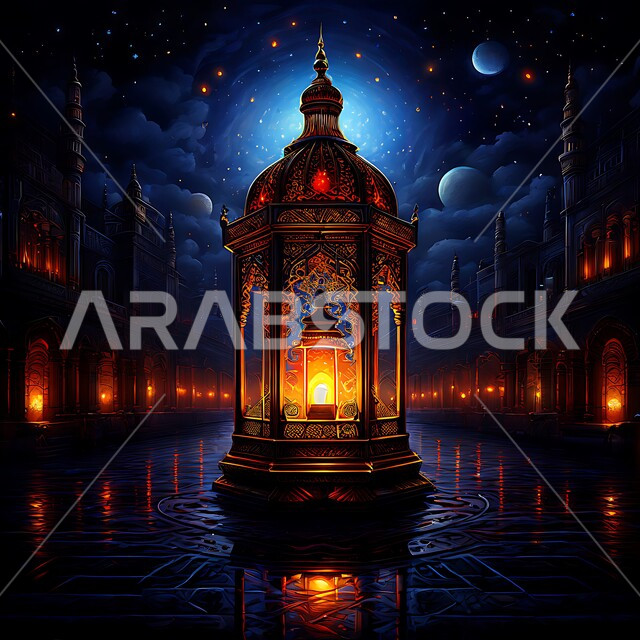  السرور و البهجة بقدوم رمضان المبارك, زينة و ديكورات و أنوار الاحتفالات بالمناسبات و الأعياد الدينية الإسلامية, فانوس معدني مزخرف مضيء, أضواء و مصابيح عربية تقليدية, الأجواء الروحانية في الأيام الفضيلة, الاستعداد لاستقبال الشهر الفضيل