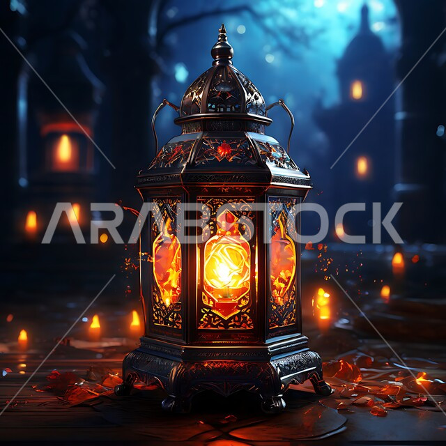 السرور و البهجة بقدوم رمضان المبارك, زينة و ديكورات و أنوار الاحتفالات بالمناسبات و الأعياد الدينية الإسلامية, فانوس معدني مزخرف مضيء, أضواء و مصابيح عربية تقليدية, الأجواء الروحانية في الأيام الفضيلة, الاستعداد لاستقبال الشهر الفضيل