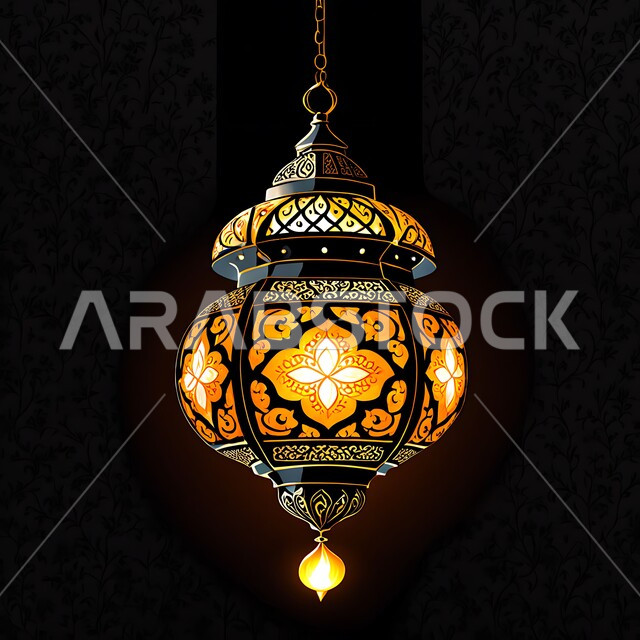 الاستعداد لقدوم و استقبال الشهر الفضيل, السرور و البهجة بقدوم رمضان المبارك, زينة و ديكورات و أنوار الاحتفالات بالمناسبات و الأعياد الدينية الإسلامية, فانوس معدني مزخرف مضيء معلق, أضواء و مصابيح عربية تقليدية, الأجواء الروحانية في الأيام الفضيلة