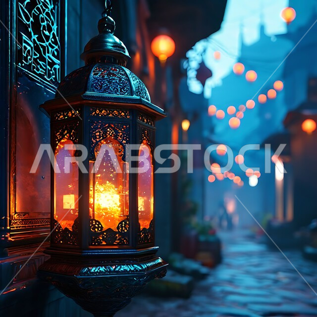الاستعداد لقدوم و استقبال الشهر الفضيل, السرور و البهجة بقدوم رمضان المبارك, زينة و ديكورات و أنوار الاحتفالات بالمناسبات و الأعياد الدينية الإسلامية, فانوس معدني مزخرف مضيء معلق, أضواء و مصابيح عربية تقليدية, الأجواء الروحانية في الأيام الفضيلة