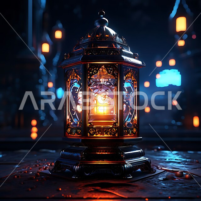  السرور و البهجة بقدوم رمضان المبارك, زينة و ديكورات و أنوار الاحتفالات بالمناسبات و الأعياد الدينية الإسلامية, فانوس معدني مزخرف مضيء, أضواء و مصابيح عربية تقليدية, الأجواء الروحانية في الأيام الفضيلة, الاستعداد لاستقبال الشهر الفضيل