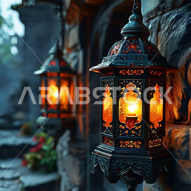 زينة و ديكورات و أنوار الاحتفالات بالمناسبات و الأعياد الدينية الإسلامية, فانوس معدني مزخرف مضيء معلق, البهجة بقدوم رمضان المبارك, أضواء و مصابيح عربية تقليدية, الأجواء الروحانية في الأيام الفضيلة, الاستعداد لاستقبال الشهر الفضيل