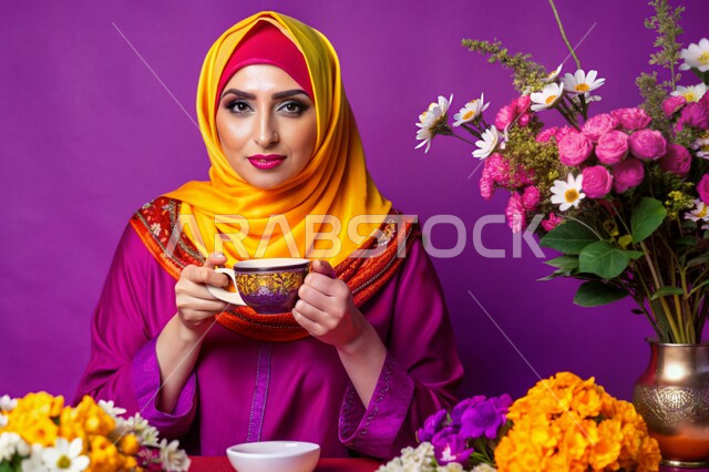 Enjoying warm drinks, close-up portrait of a smiling, veiled Saudi Gulf Arab woman sipping hot herbal tea, sitting on a chair, looking at the camera with gestures of pleasure and happiness, violet background