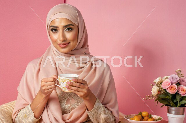 الإستمتاع بالمشروبات الدافئة, بورتريه مقرب لسيدة عربية خليجية سعودية محجبة مبتسمة تقوم باحتساء أعشاب الشاي الساخن تجلس على كرسي تنظر الى الكاميرا بإيماءات السرور والسعادة، خلفية وردية