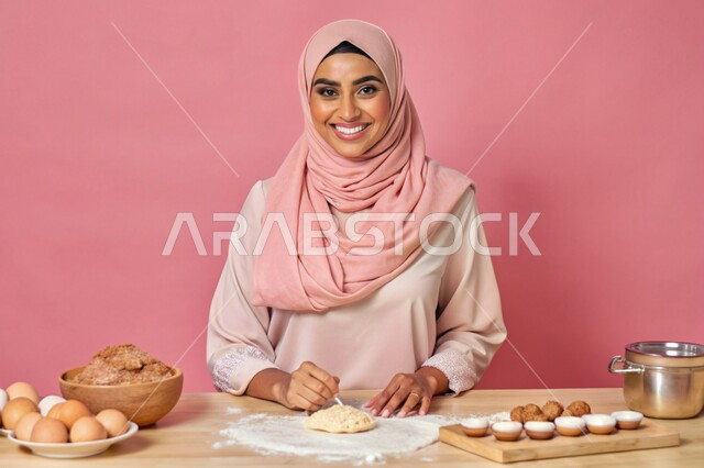 إعداد الحلويات بمكونات طبيعية طازجة، مهارات وفنون الطبخ, بورتريه مقرب لإمرأة عربية خليجية سعودية محجبة مبتسمة تنظر الى الكاميرا تقف داخل المطبخ تقوم بتحضير وصفات الطعام بإيماءات السرور والسعادة، خلفية وردية