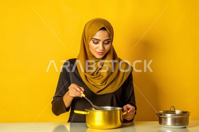 مهارات وفنون الطبخ, إعداد الأطعمة بمكونات طبيعية طازجة، بورتريه مقرب لإمرأة عربية خليجية سعودية محجبة مبتسمة تقوم بتحضير وصفات الطعام بإيماءات السرور والسعادة، خلفية صفراء