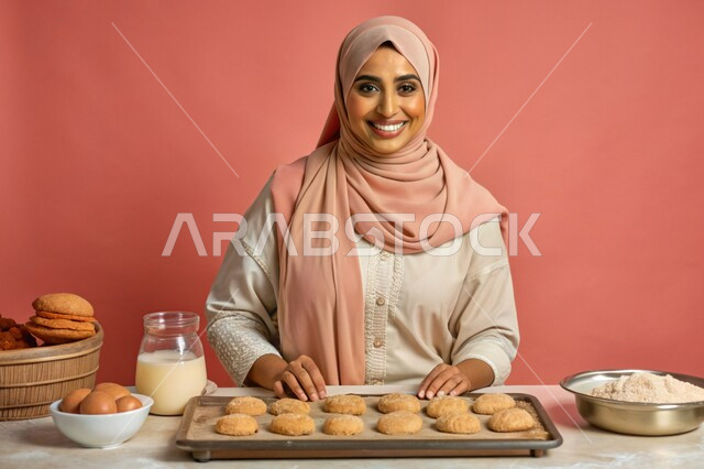 إعداد الحلويات بمكونات طبيعية طازجة، مهارات وفنون الطبخ, بورتريه مقرب لإمرأة عربية خليجية سعودية محجبة مبتسمة تنظر الى الكاميرا تقف داخل المطبخ تقوم بتحضير وصفات الطعام بإيماءات السرور والسعادة، خلفية وردية