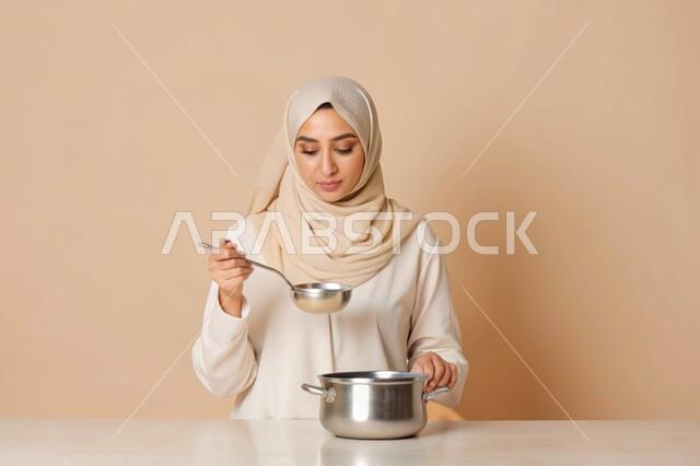 مهارات وفنون الطبخ, إعداد الأطعمة بمكونات طبيعية طازجة، بورتريه مقرب لإمرأة عربية خليجية سعودية محجبة مبتسمة تقوم بتذوق النكهات بإيماءات السرور والسعادة، تحضير وصفات الطعام، خلفية ملونة