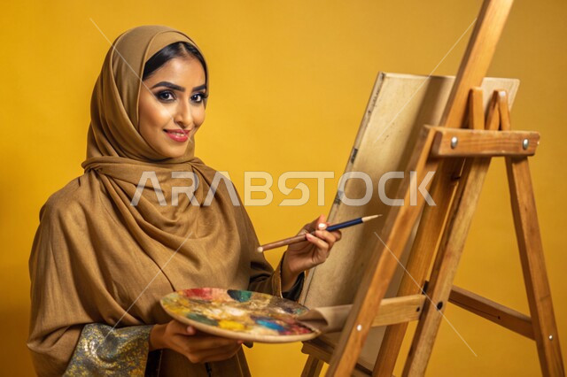 نشاطات ترفيهية فنية، قضاء اوقات ممتعة في قاعة المرسم, بورتريه مقرب لشابة عربية خليجية سعودية محجبة تحمل بيدها بالتة ألوان تنظر الى الكاميرا تقوم بالرسم على اللوحة, معرض الرسوم التشكيلية، تنمية المهارات والفنون اليدوية, خلفية صفراء