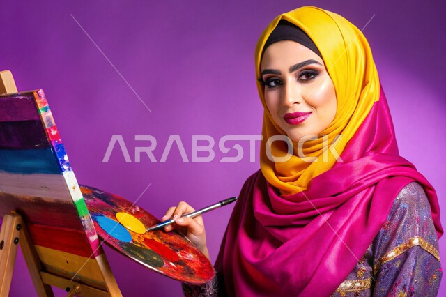 معرض الرسوم التشكيلية، نشاطات ترفيهية فنية، قضاء اوقات ممتعة في قاعة المرسم, بورتريه مقرب لشابة عربية خليجية سعودية محجبة تنظر الى الكاميرا تحمل بيدها بالتة ألوان تقوم بالرسم على اللوحة, تنمية المهارات والفنون اليدوية, خلفية بنفسجية
