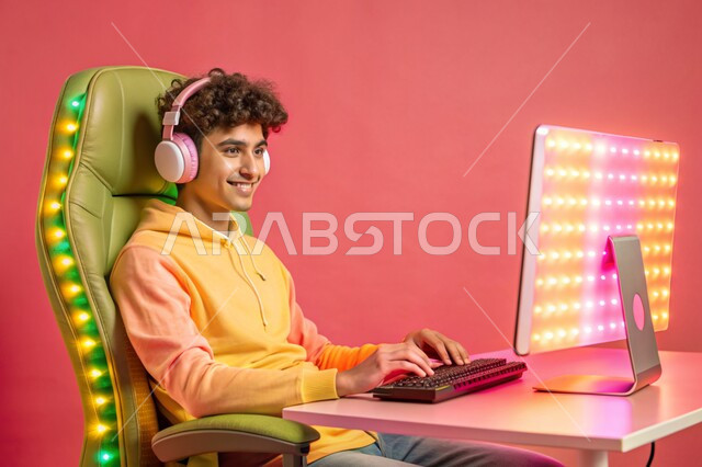 منصة البث المباشر في عالم ألعاب الفيديو، بورتريه لشاب عربي خليجي سعودي يرتدي سماعة الرأس يعمل على جهاز الحاسوب المحمول، استخدام التقنيات والتكنولوجيا الحديثة، مفهوم الاندماج والتفاعل، خلفية وردية