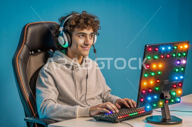 استخدام التقنيات والتكنولوجيا الحديثة، منصة البث المباشر في عالم ألعاب الفيديو، بورتريه لشاب عربي خليجي سعودي يرتدي سماعة الرأس يعمل على جهاز الحاسوب المحمول، مفهوم الاندماج والتفاعل، خلفية زرقاء