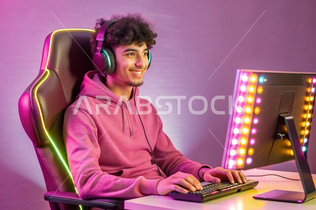The concept of integration and interaction, a live broadcast platform in the world of video games, a portrait of a Saudi Gulf Arab young man wearing headphones working on a laptop, using modern techniques and technology, purple background