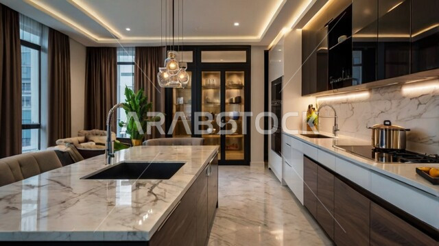 مطبخ بديكورات داخلية عصرية فاخرة، فنون الهندسة المعمارية المتميزة الحديثة، شقق وفلل سكنية في المملكة العربية السعودية، استخدام الطراز الفني الراقي في الأثاث المنزلي