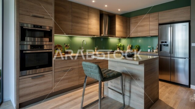 مطبخ بديكورات داخلية عصرية فاخرة، فنون الهندسة المعمارية المتميزة الحديثة، شقق وفلل سكنية في المملكة العربية السعودية، استخدام الطراز الفني الراقي في الأثاث المنزلي