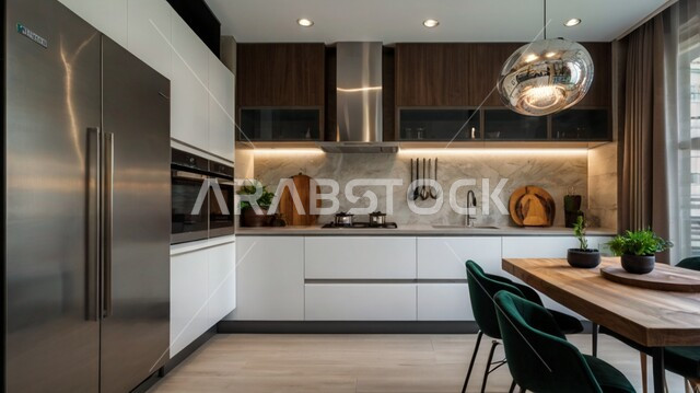 مطبخ بديكورات داخلية عصرية فاخرة، فنون الهندسة المعمارية المتميزة الحديثة، شقق وفلل سكنية في المملكة العربية السعودية، استخدام الطراز الفني الراقي في الأثاث المنزلي