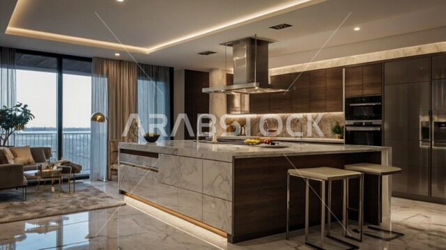 فنون الهندسة المعمارية المتميزة الحديثة، مطبخ بديكورات داخلية عصرية فاخرة، شقق وفلل سكنية في المملكة العربية السعودية، استخدام الطراز الفني الراقي في الأثاث المنزلي