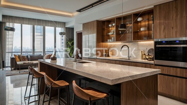 Distinctive modern architecture arts, kitchen with luxurious modern interiors, residential apartments and villas in the Kingdom of Saudi Arabia, the use of high-end artistic style in home furniture