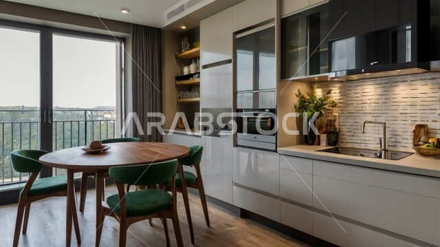 فنون الهندسة المعمارية المتميزة الحديثة، مطبخ بديكورات داخلية عصرية فاخرة، شقق وفلل سكنية في المملكة العربية السعودية، استخدام الطراز الفني الراقي في الأثاث المنزلي