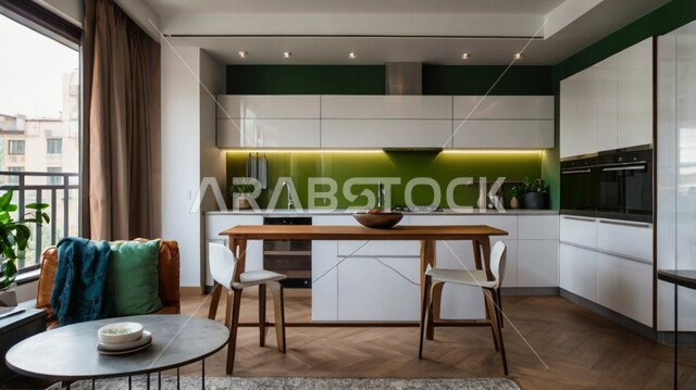 فنون الهندسة المعمارية المتميزة الحديثة، مطبخ بديكورات داخلية عصرية فاخرة، شقق وفلل سكنية في المملكة العربية السعودية، استخدام الطراز الفني الراقي في الأثاث المنزلي