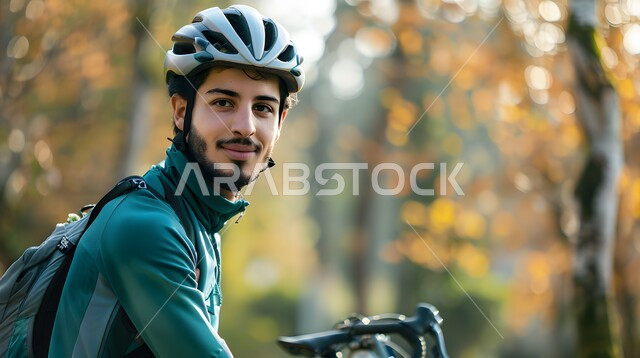 أنشطة بدنية متنوعة، صورة مقربة لشاب عربي خليجي سعودي مبتسم يرتدي الملابس الرياضية وخوذة الحماية ينظر الى الكاميرا يقوم بقيادة الدراجة الهوائية في احدى الحدائق العامة، المحافظة على الصحة واللياقة الجسدية، فعاليات وسباقات الدراجات