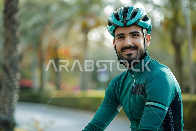 أنشطة بدنية متنوعة، صورة مقربة لشاب عربي خليجي سعودي مبتسم يرتدي الملابس الرياضية وخوذة الحماية ينظر الى الكاميرا يقوم بقيادة الدراجة الهوائية في احدى الحدائق العامة، المحافظة على الصحة واللياقة الجسدية، فعاليات وسباقات الدراجات