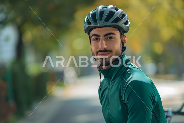 أنشطة بدنية متنوعة، صورة مقربة لشاب عربي خليجي سعودي مبتسم يرتدي الملابس الرياضية وخوذة الحماية ينظر الى الكاميرا يقوم بقيادة الدراجة الهوائية في احدى الحدائق العامة، المحافظة على الصحة واللياقة الجسدية، فعاليات وسباقات الدراجات