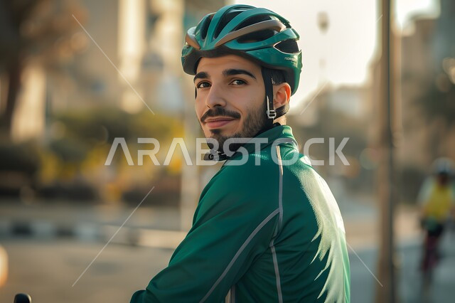 فعاليات وسباقات الدراجات، أنشطة بدنية متنوعة، صورة مقربة لشاب عربي خليجي سعودي مبتسم يرتدي الملابس الرياضية وخوذة الحماية ينظر الى الكاميرا يقوم بقيادة الدراجة الهوائية في احدى الحدائق العامة، المحافظة على الصحة واللياقة الجسدية