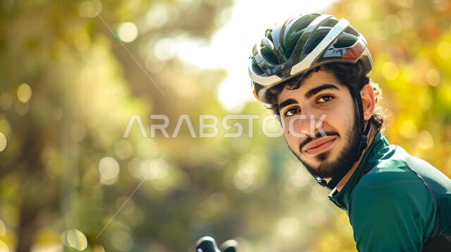 فعاليات وسباقات الدراجات، أنشطة بدنية متنوعة، صورة مقربة لشاب عربي خليجي سعودي مبتسم يرتدي الملابس الرياضية وخوذة الحماية ينظر الى الكاميرا يقوم بقيادة الدراجة الهوائية في احدى الحدائق العامة، المحافظة على الصحة واللياقة الجسدية