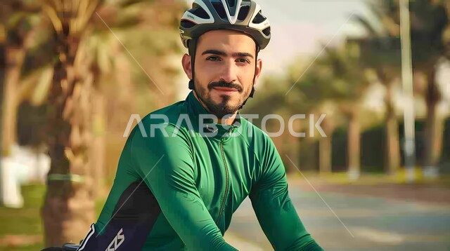 فعاليات وسباقات الدراجات، أنشطة بدنية متنوعة، صورة مقربة لشاب عربي خليجي سعودي مبتسم يرتدي الملابس الرياضية وخوذة الحماية ينظر الى الكاميرا يقوم بقيادة الدراجة الهوائية في احدى الحدائق العامة، المحافظة على الصحة واللياقة الجسدية