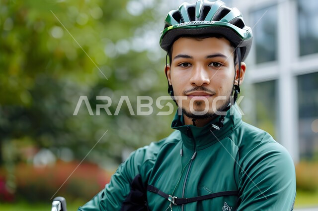 فعاليات وسباقات الدراجات، أنشطة بدنية متنوعة، صورة مقربة لشاب عربي خليجي سعودي مبتسم يرتدي الملابس الرياضية وخوذة الحماية ينظر الى الكاميرا يقوم بقيادة الدراجة الهوائية في احدى الحدائق العامة، المحافظة على الصحة واللياقة الجسدية