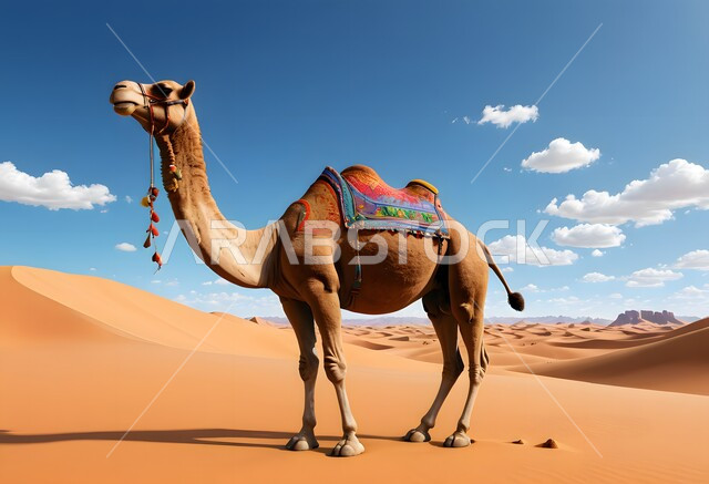 التكوينات الرملية في الصحاري, رسم ثلاثي الأبعاد لحيوان الجمل يقف وسط صحراء المملكة العربية السعودية, الاهتمام في تربية الجمال و الإبل, الرمال الذهبية في المناطق الصحراوية, مفهوم رعاية المواشي والحيوانات, خلفية الطبيعة