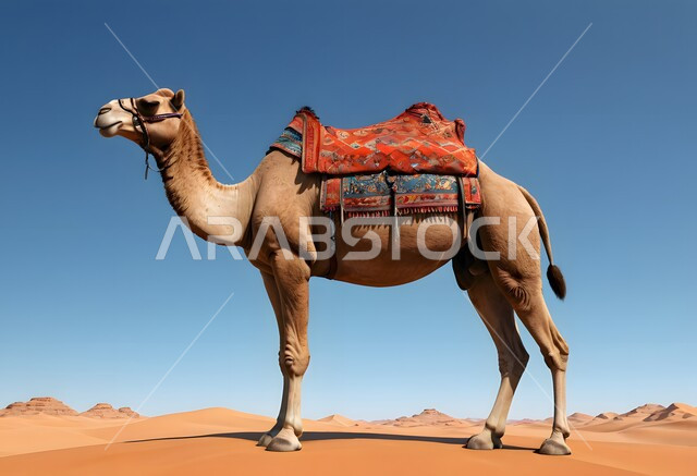 رعاية المواشي والحيوانات, التكوينات والتشكيلات الرملية في الصحاري, رسم ثلاثي الأبعاد لحيوان الجمل يقف وسط صحراء المملكة العربية السعودية, الاهتمام في تربية الجمال و الإبل, الرمال الذهبية في المناطق الصحراوية, خلفية الطبيعة