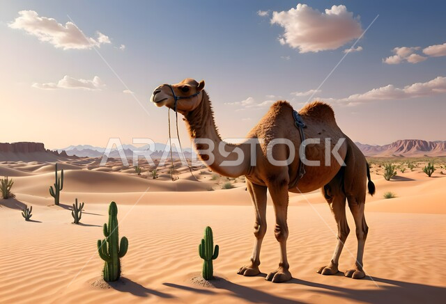 حيوان الإبل يمشي على الرمال الذهبية الناعمة في وقت النهار, الكثبان الرملية في المناطق الصحراوية, تربية المواشي والحيوانات في المحميات الطبيعية, رسم ثلاثي الأبعاد لجمل يقف في صحراء المملكة العربية السعودية, خلفية الطبيعة
