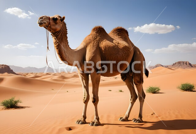 التكوينات والتشكيلات الرملية في الصحاري, رسم ثلاثي الأبعاد لحيوان الجمل يقف وسط صحراء المملكة العربية السعودية, الاهتمام في تربية الجمال و الإبل, الرمال الذهبية في المناطق الصحراوية, مفهوم رعاية المواشي والحيوانات, خلفية الطبيعة